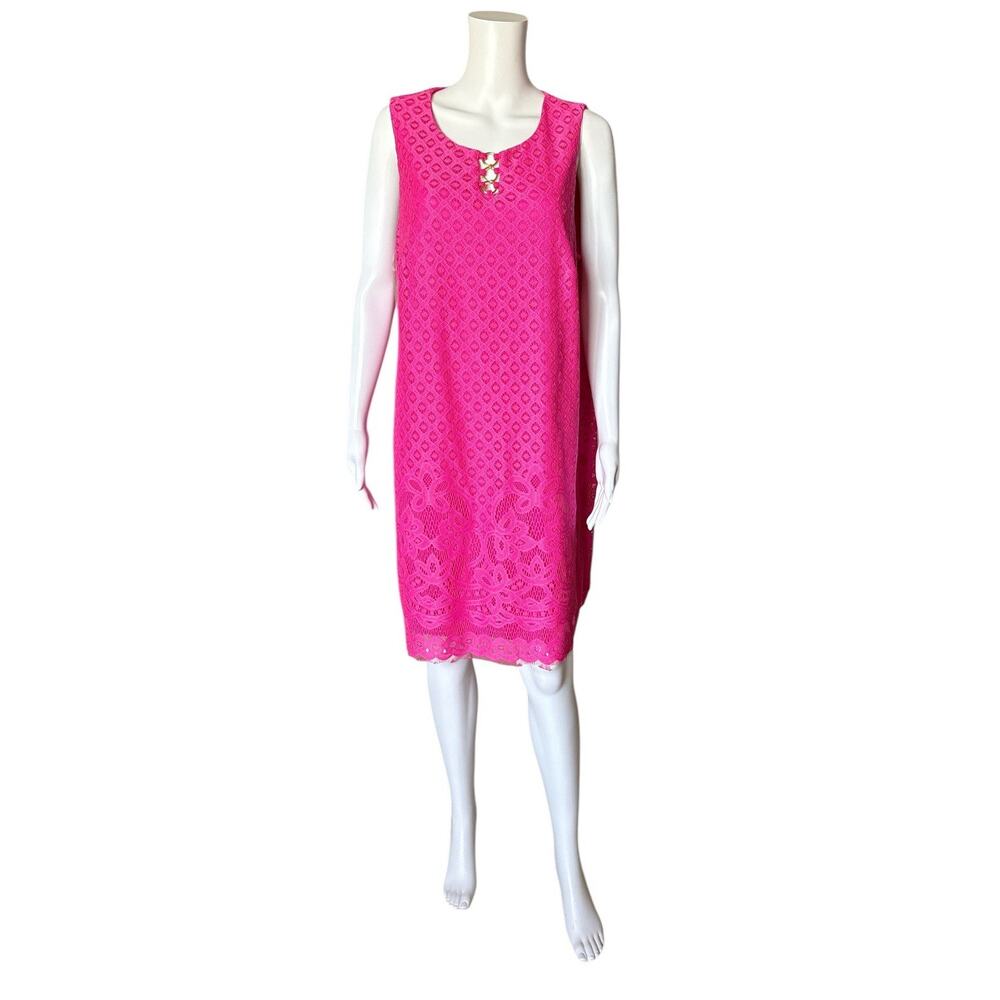 Tacera Lace Dress Womens Plus 1X Neon Pink Lace Shift Dress Gold Hardware Midi